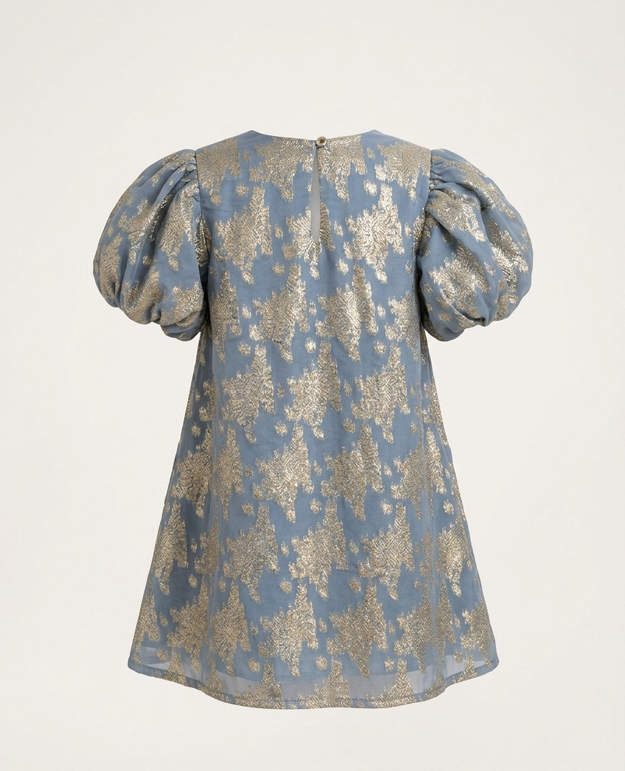 Powder Blue & Gold Brocade Puff-Sleeve Shift Dress