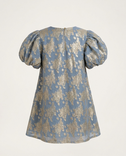 Powder Blue & Gold Brocade Puff-Sleeve Shift Dress