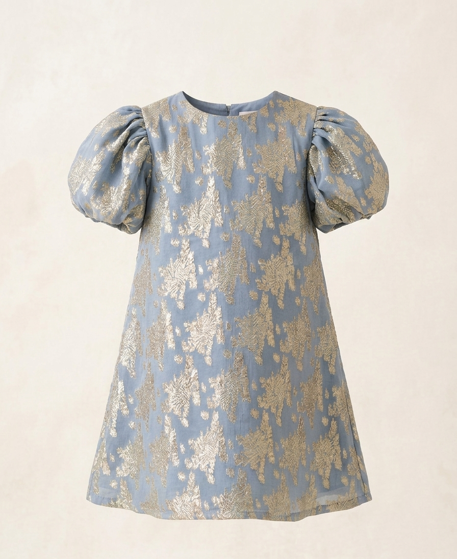 Powder Blue & Gold Brocade Puff-Sleeve Shift Dress