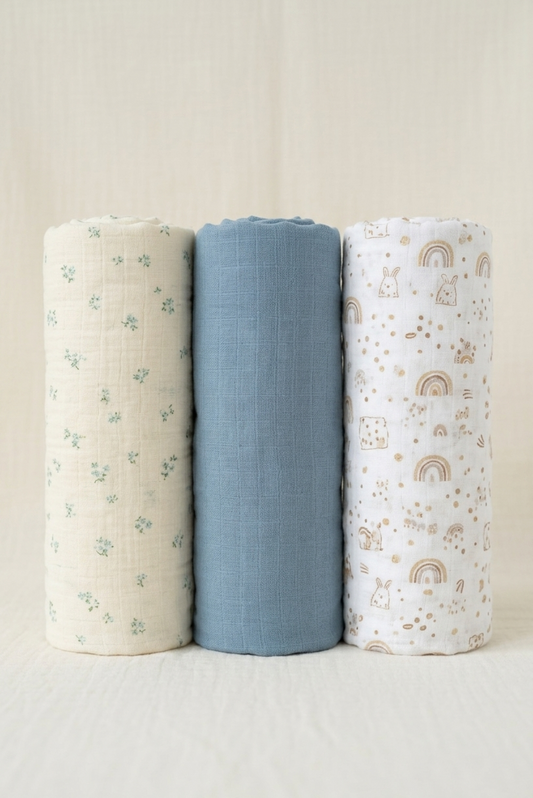 Muslin Cotton Swaddle Trio – Dusty Azure, Botanical Sprig, and Earthy Whimsy