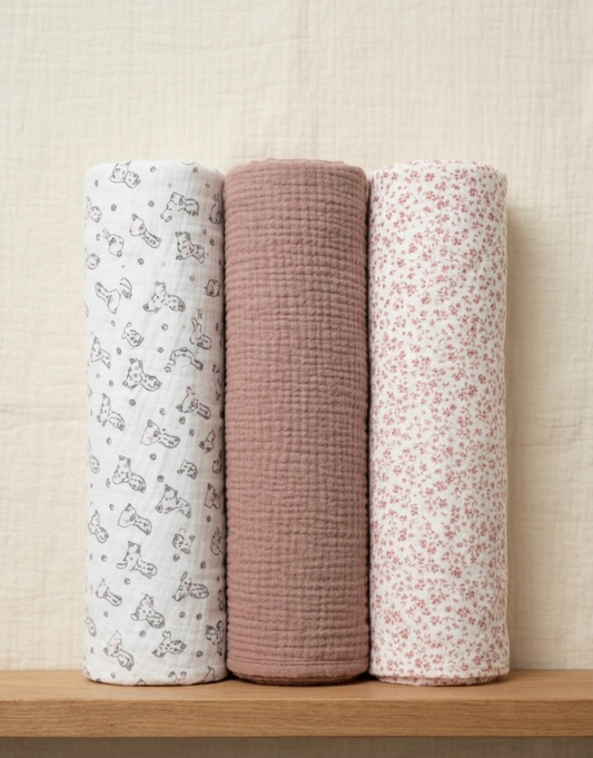 Muslin Cotton Swaddle Trio – Dusty Rose, Meadow Bloom And Woodland Sketch