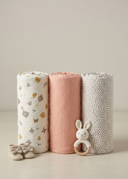 Muslin Cotton Swaddle Trio – Peach Sorbet, Teddy Motif And Stone Speckle
