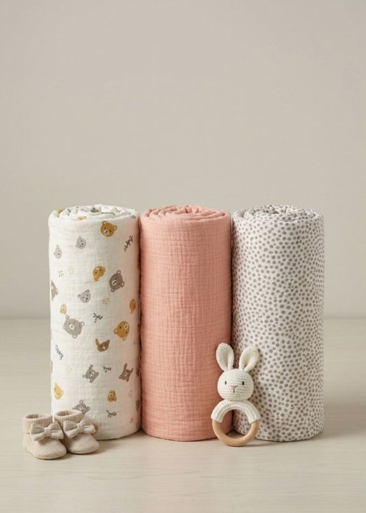 Muslin Cotton Swaddle Trio – Peach Sorbet, Teddy Motif And Stone Speckle