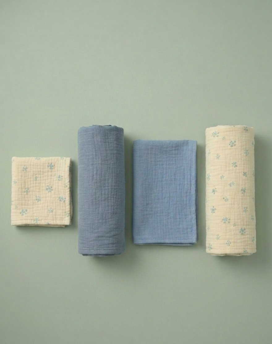 Muslin Cotton Swaddle Washcloth Bundle in Dusty Azure & Cream Botanical Print