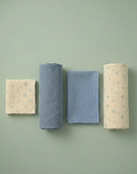 Muslin Cotton Swaddle Washcloth Bundle in Dusty Azure & Cream Botanical Print
