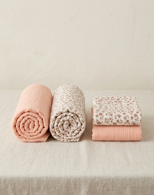 Muslin Cotton Swaddle Washcloth Bundle in Rosewood & Petal Peony Print