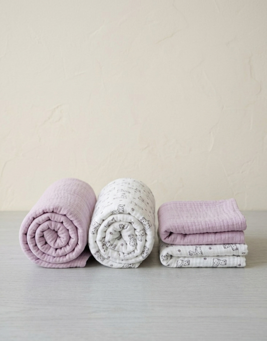 Muslin Cotton Swaddle Washcloth Bundle in Lush Lavender & Arctic Bear Print