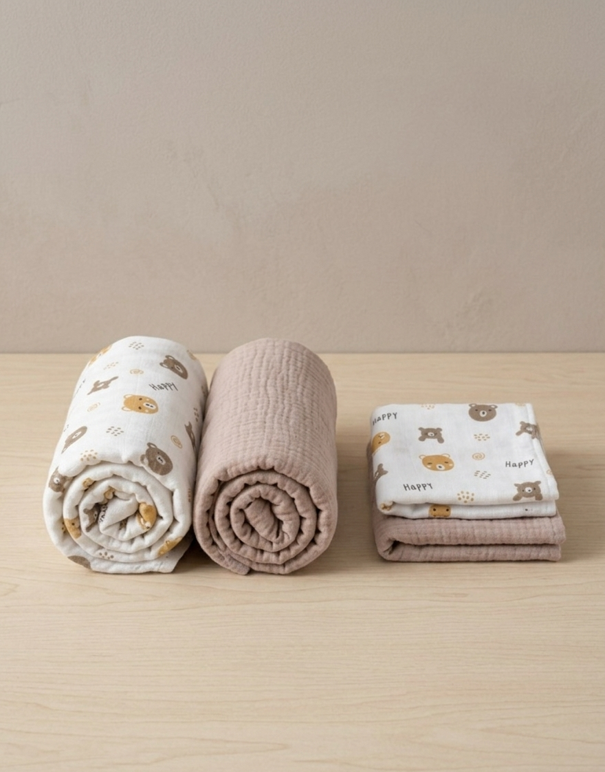 Muslin Cotton Swaddle Washcloth Bundle in Toasted Almond & Petite Bear Print