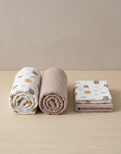 Muslin Cotton Swaddle Washcloth Bundle in Toasted Almond & Petite Bear Print