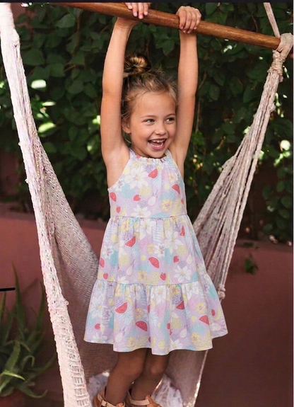 Lilac Floral and Watermelon Print Tiered Dress