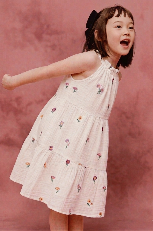 White Muslin Floral Embroidered Summer Dress