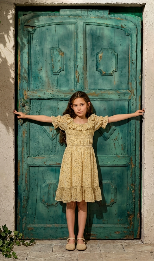 Honey-Gold Floral Ruffled Chiffon Smocked Dress