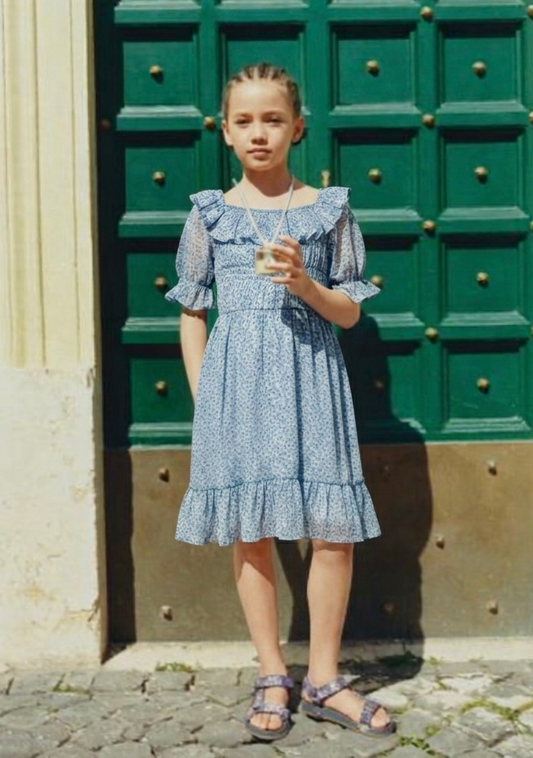Sky Blue Floral Ruffled Chiffon Smocked Dress