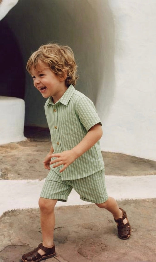 Sage Green Cotton Striped Shirt With Matching Shorts Set