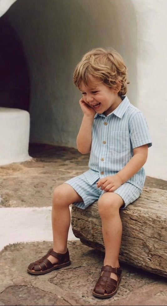 Blue Cotton Striped Shirt With Matching Shorts Set