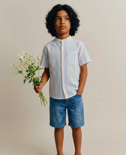Multi-colored Pastel Seersucker Mandarin Shirt