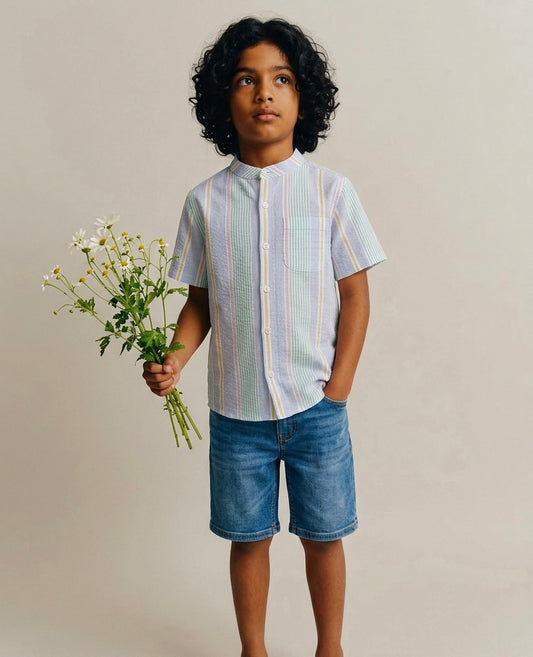 Multi-colored Pastel Seersucker Mandarin Shirt