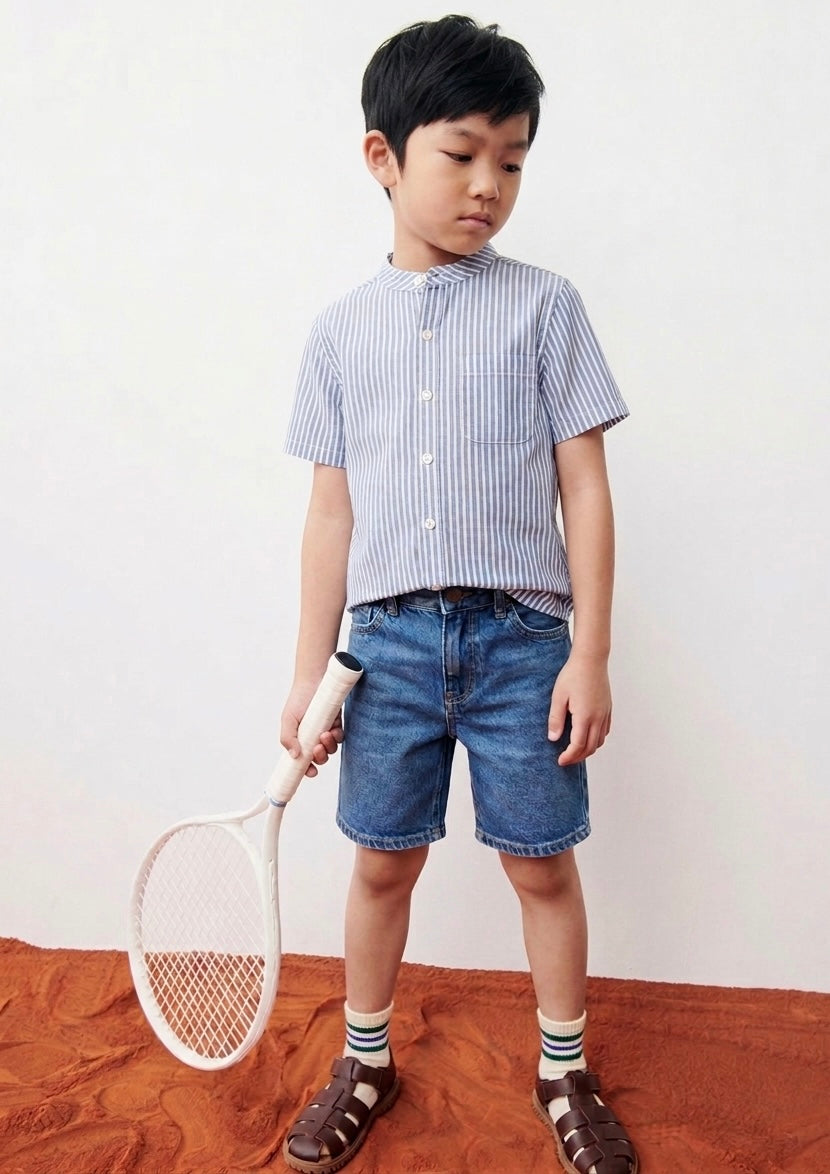 Blue & White Striped Mandarin Collar Shirt
