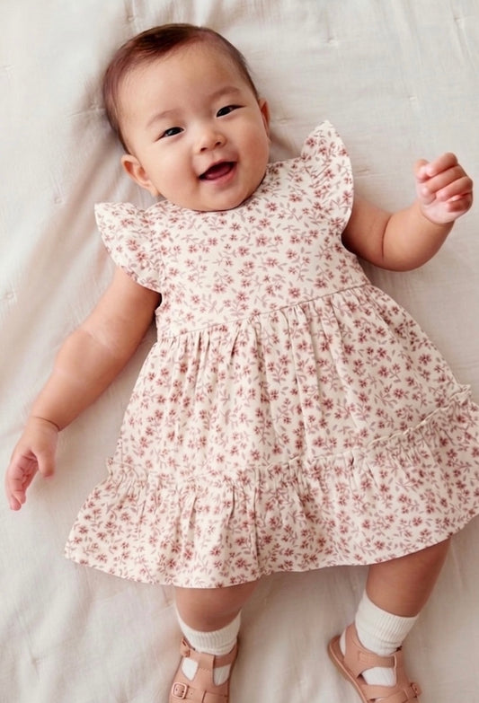 Rose-Dust Floral Flutter Sleeve Tiered Dress