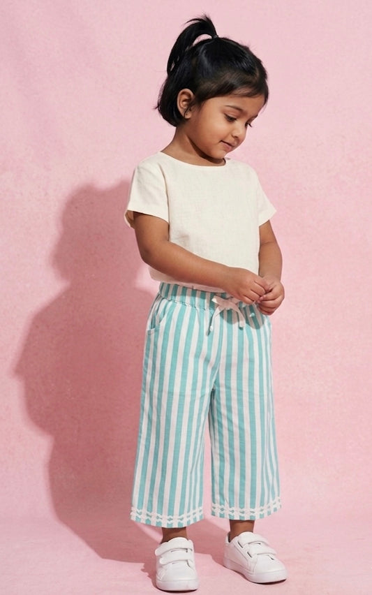 Aquamarine Striped Cotton Wide-Leg Trousers