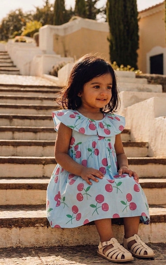 Sky Blue Cherry Print Ruffle Collar Dress