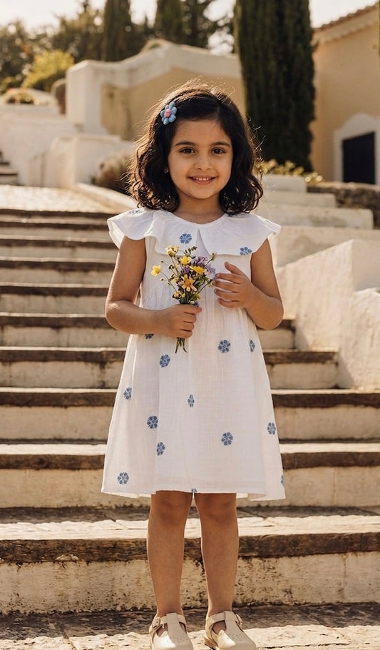 White Cotton Embroidered Dress With Ruffle Collar