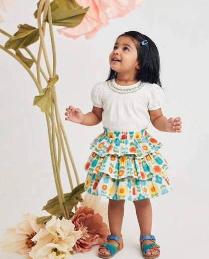 Multi-Color Botanical Print Tiered Rara Skirt