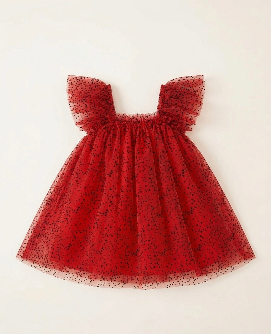 Crimson Tulle Polka Dot Flutter Dress