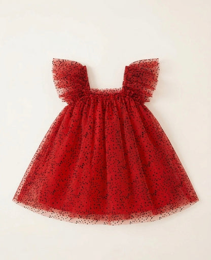 Crimson Tulle Polka Dot Flutter Dress