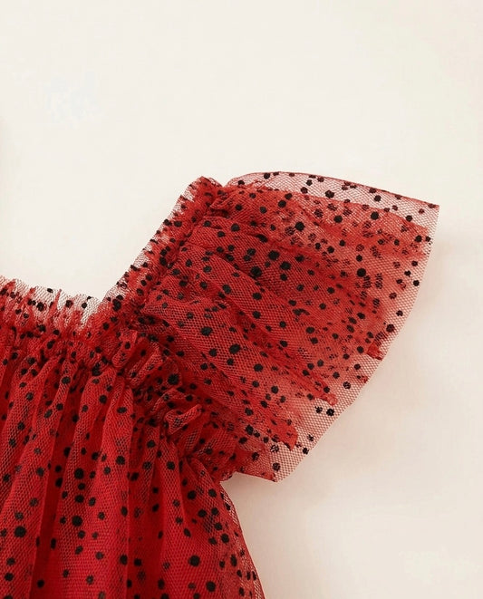 Crimson Tulle Polka Dot Flutter Dress