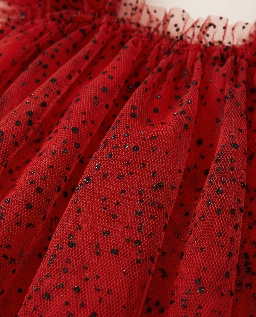 Crimson Tulle Polka Dot Flutter Dress