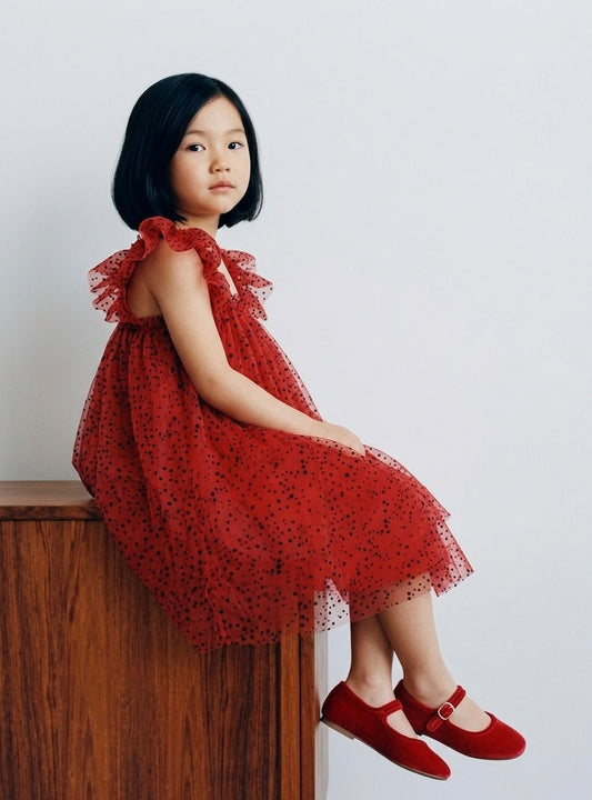 Crimson Tulle Polka Dot Flutter Dress