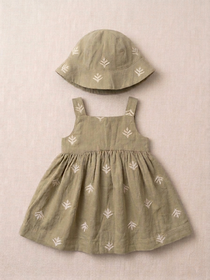 Sage Moss Embroidered Cotton Dress with Bucket Hat
