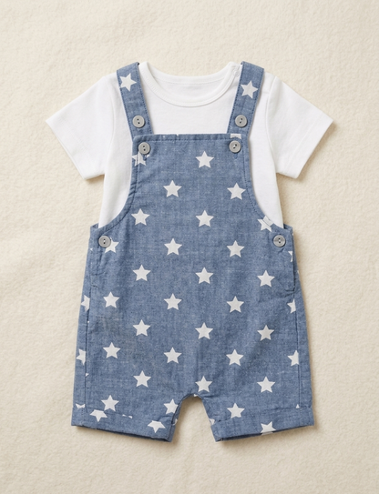 Little Voyager Star-Print Chambray Shortalls Set