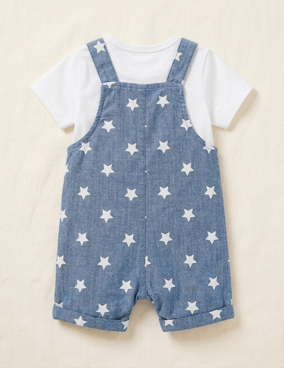 Little Voyager Star-Print Chambray Shortalls Set