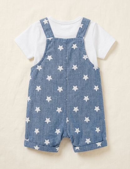 Little Voyager Star-Print Chambray Shortalls Set