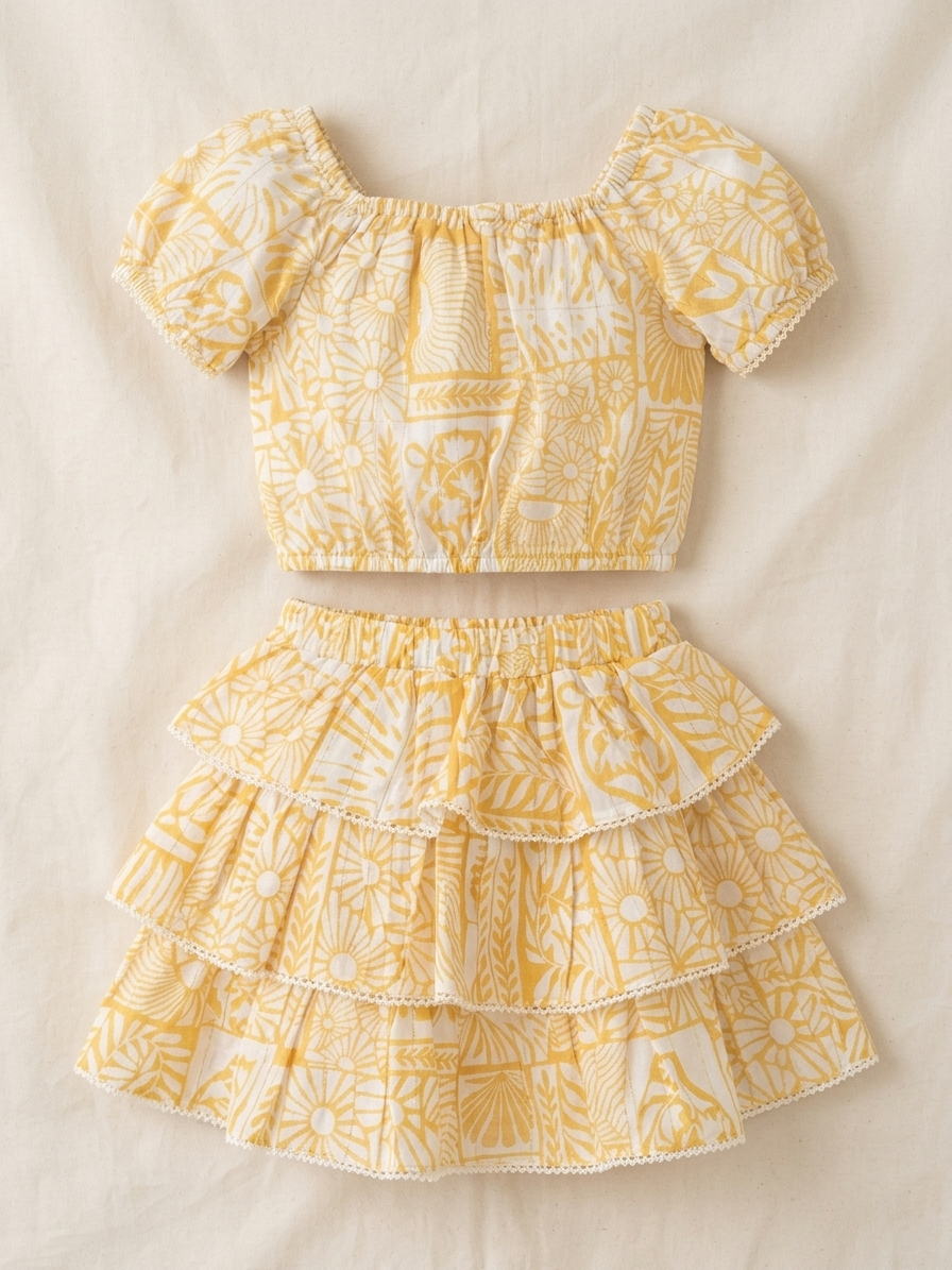 Girls' Premium Ochre Botanical Two-Piece Set – Scalloped Lace Trim