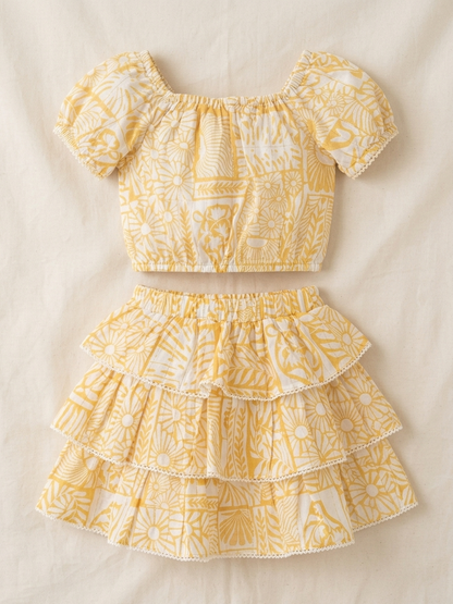 Girls' Premium Ochre Botanical Two-Piece Set – Scalloped Lace Trim