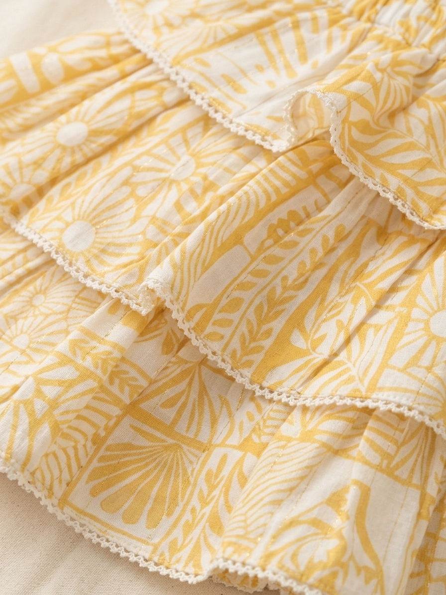 Girls' Premium Ochre Botanical Two-Piece Set – Scalloped Lace Trim