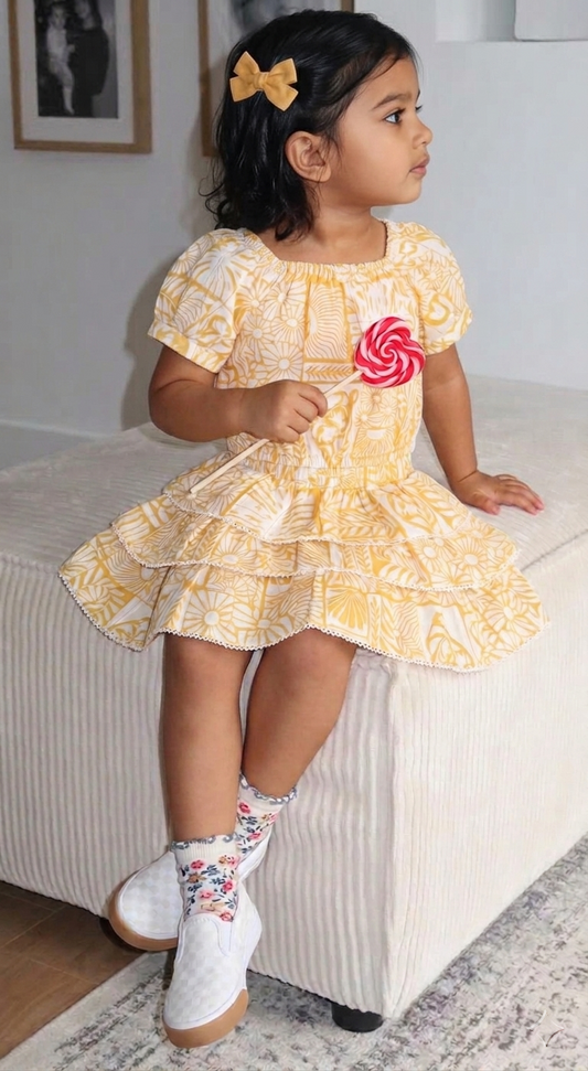 Girls' Premium Ochre Botanical Two-Piece Set – Scalloped Lace Trim