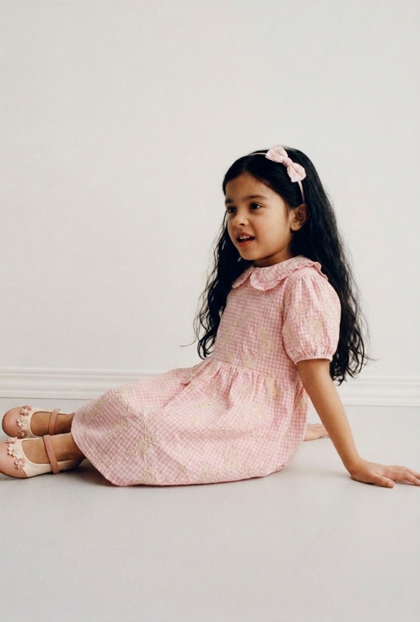 Peony-Blush Gingham Embroidered Dress