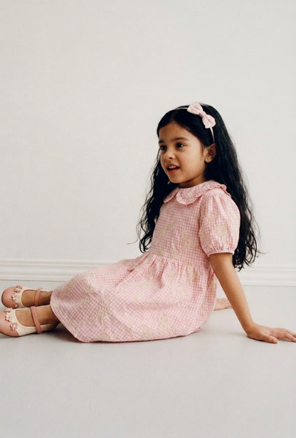 Peony-Blush Gingham Embroidered Dress