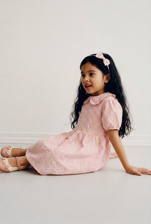 Peony-Blush Gingham Embroidered Dress