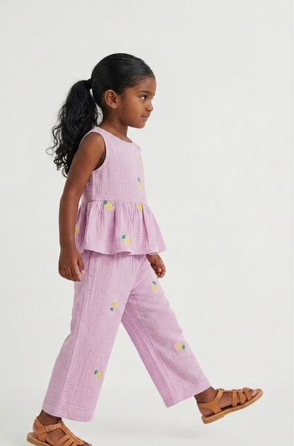 Girls' Embroidered Pineapple Muslin Peplum Co-ord Set