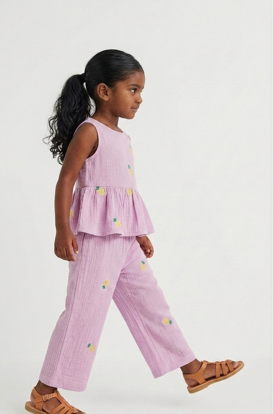 Girls' Embroidered Pineapple Muslin Peplum Co-ord Set