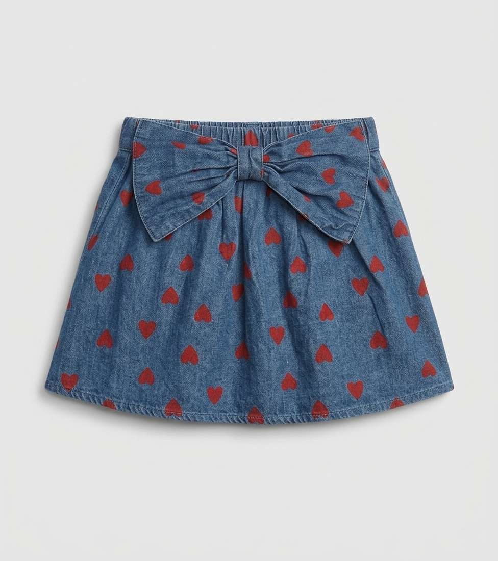 Denim Heart-Print Bow Detail Skirt