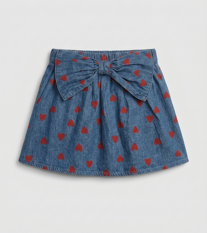 Denim Heart-Print Bow Detail Skirt