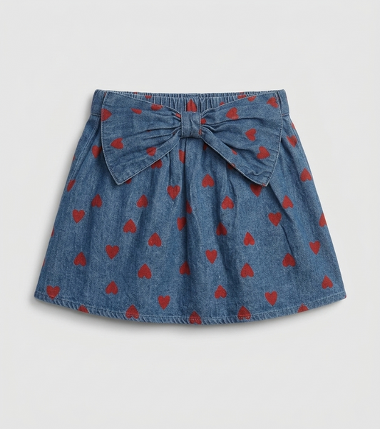 Denim Heart-Print Bow Detail Skirt