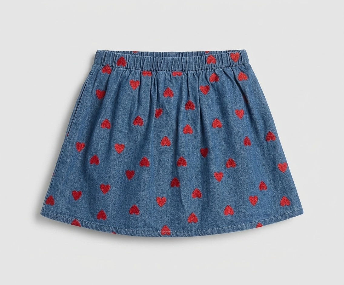 Denim Heart-Print Bow Detail Skirt
