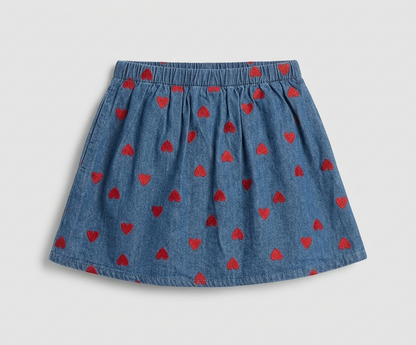 Denim Heart-Print Bow Detail Skirt